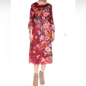Johnny Was Silk Floral Burgundy Long-Sleeve Midi Dress. M. NWT .